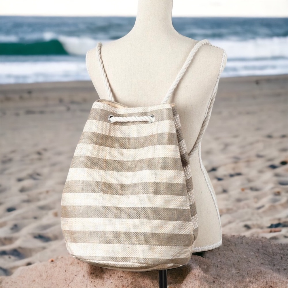 lightweight woven Striped Pull String Backpack tote perfect for beach or picnic
